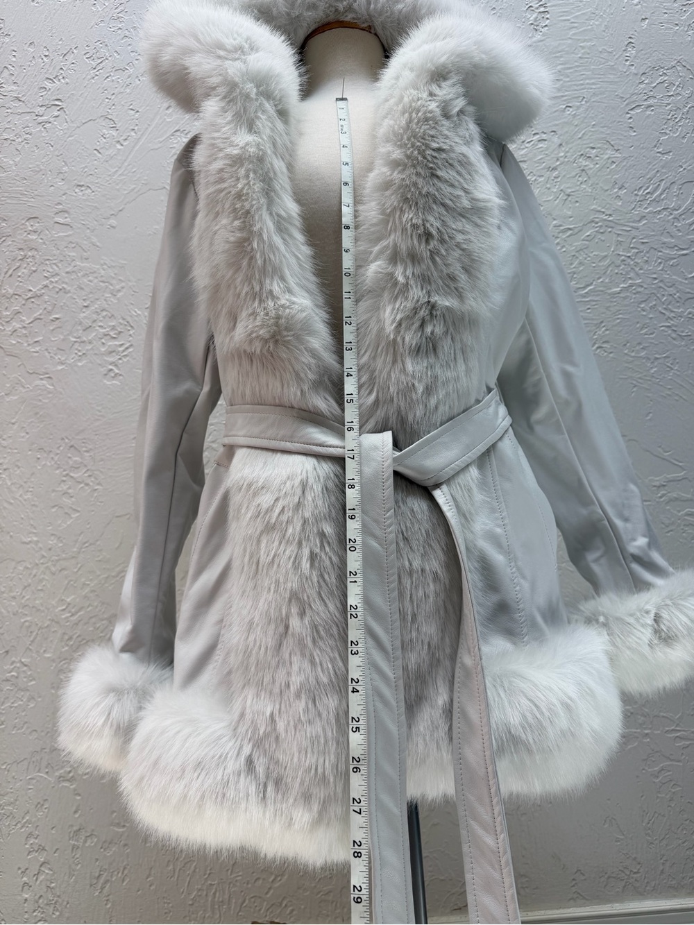 White Faux Fur Trim Belted Jacket